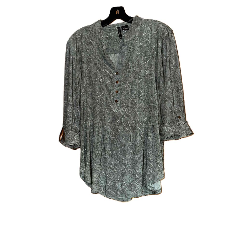 New Directions Gray Paisley Long Sleeve Button Front V Neck Tunic Blouse Large